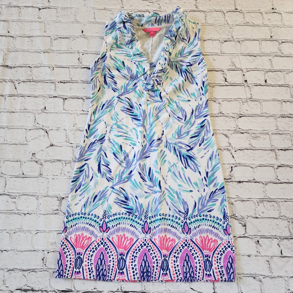 Lilly Pulitzer Women's Small Blue Pink Tropical Ruffle V-Neck Shift Dress